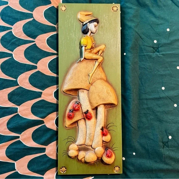 1970s Deadstock Burwood Products Co Arabesque Elves Mushroom Snail Wall Plaques - Picture 2 of 6